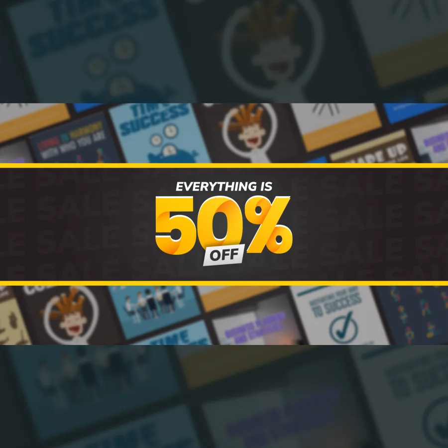 Банер за разпродажба „Everything is 50% off“ върху колаж от корици на електронни книги