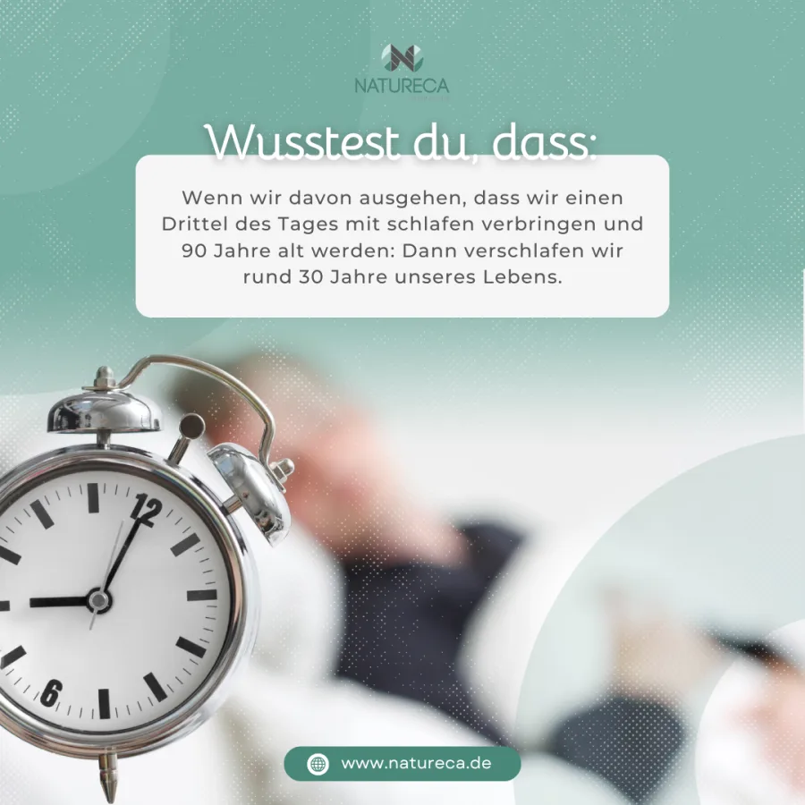 “Wusstest du, dass” post with an alarm clock, on the years we spend asleep