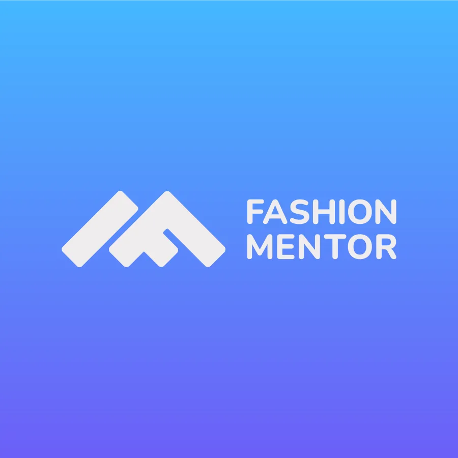 Логото на Fashion Mentor — монограм от F и M с името — върху синьо-лилав фон