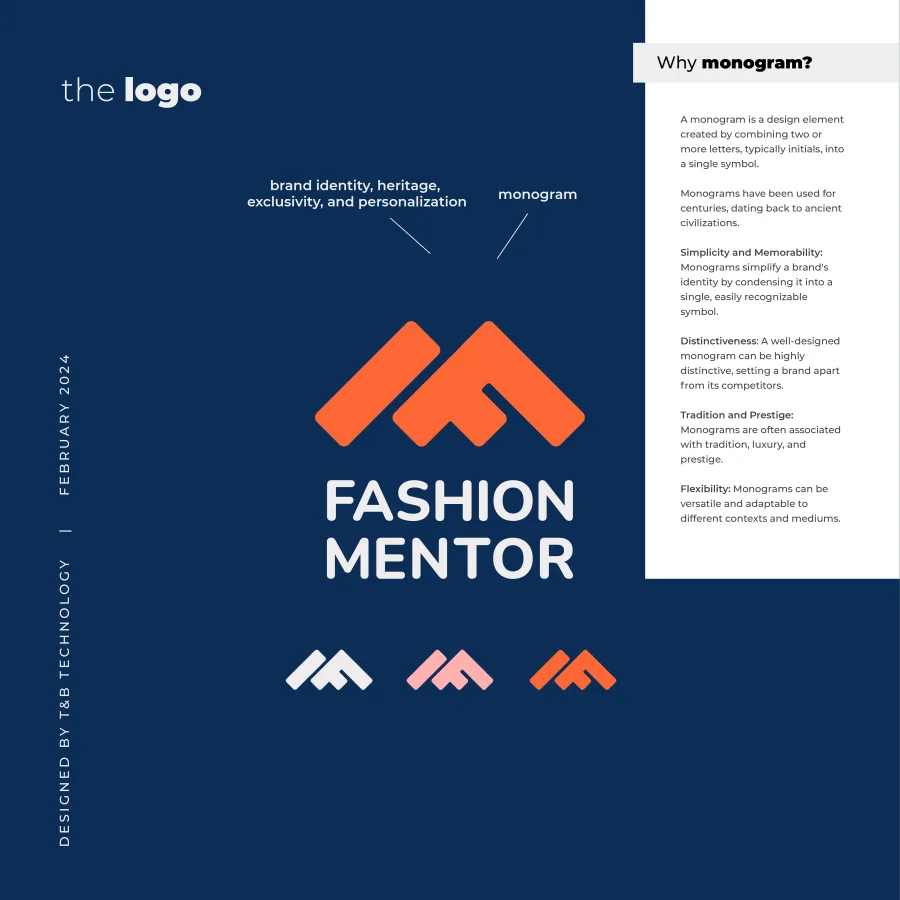 Презентация на логото на Fashion Mentor: оранжевият монограм F + M и цветовите му варианти