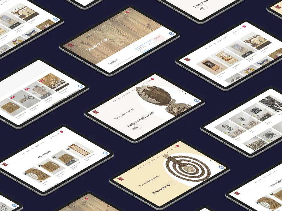 Pages of the Laser Point store on tablets: catalogue, products, perpetual calendar and contact