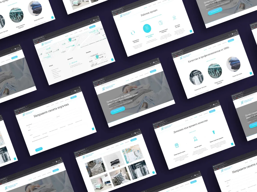 Kosmos website pages on desktop: home, services, process, order form, gallery and contacts