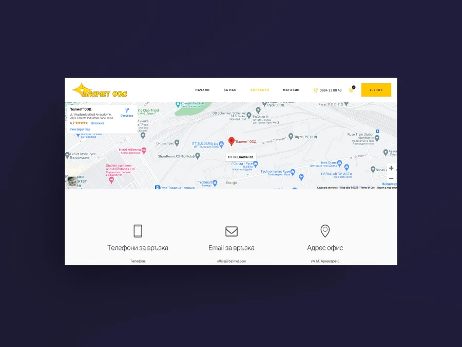 The contact page with a map