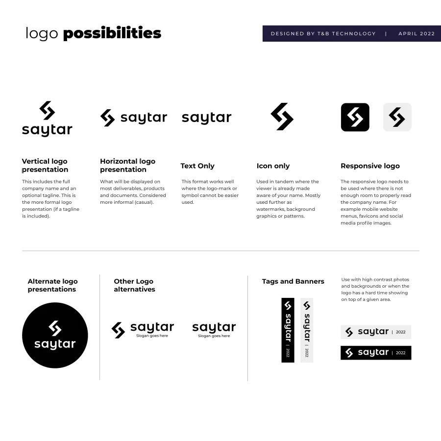 Logo variations: vertical, horizontal, wordmark, icon, compact icon, round badge, tags and banners