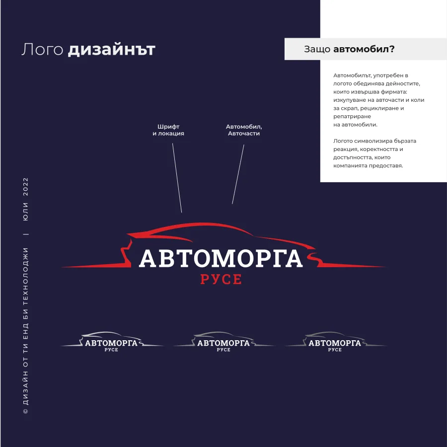 The Avtomorga Ruse logo sheet: typeface and location, the car outline and grey versions