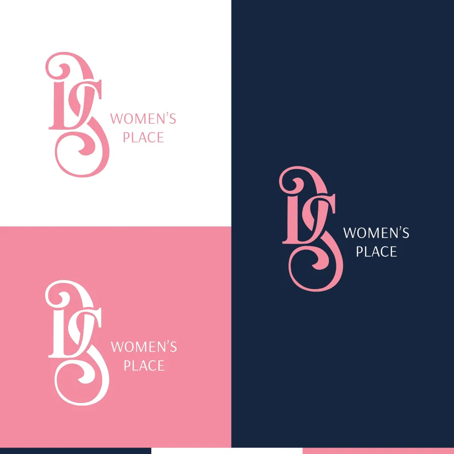 Логото на DS Women's Place в три съчетания: розово на бяло, бяло на розово и розово на тъмносиньо