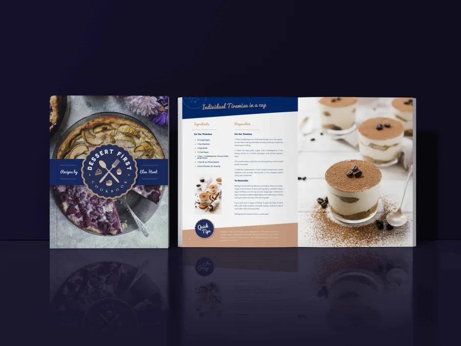 Корицата на Dessert First Cookbook с кръгъл печат до разтвора с рецептата за тирамису в чаша
