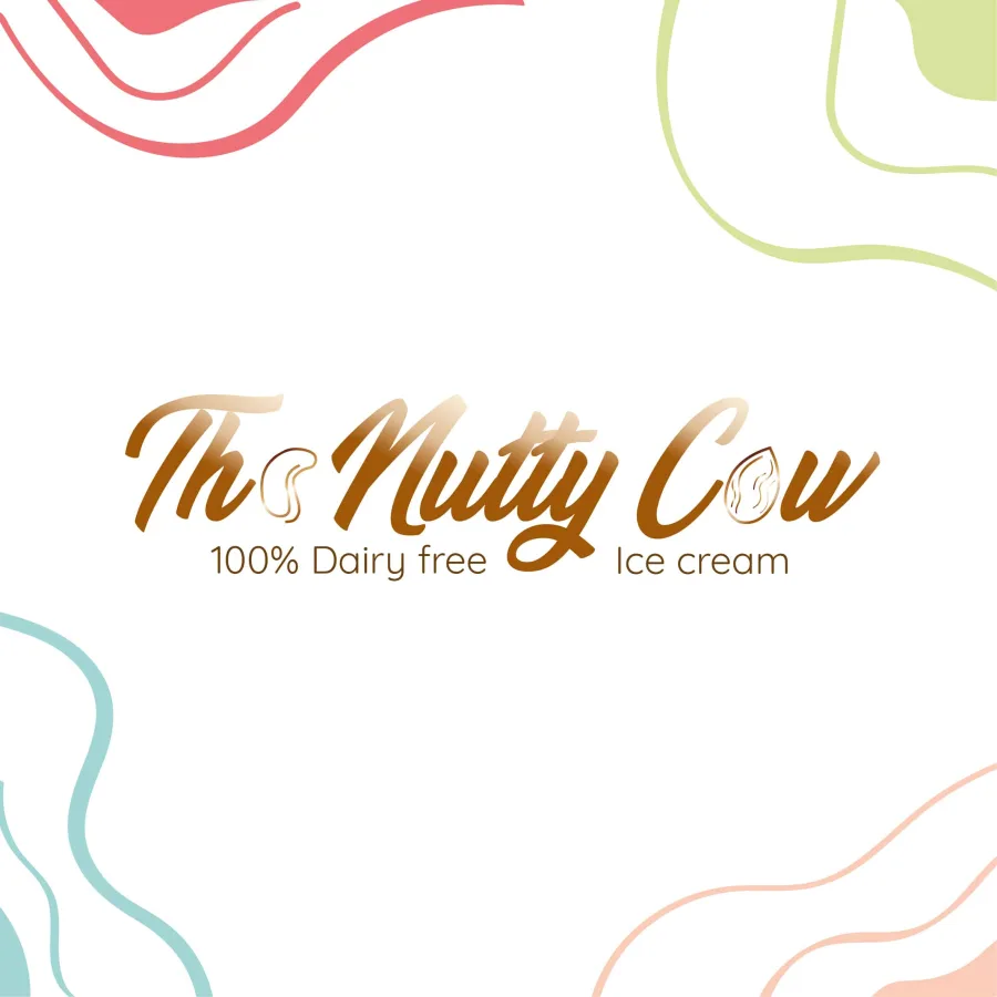 The Nutty Cow logo: a cashew for the e, an almond for the o and the line 100% Dairy free Ice cream