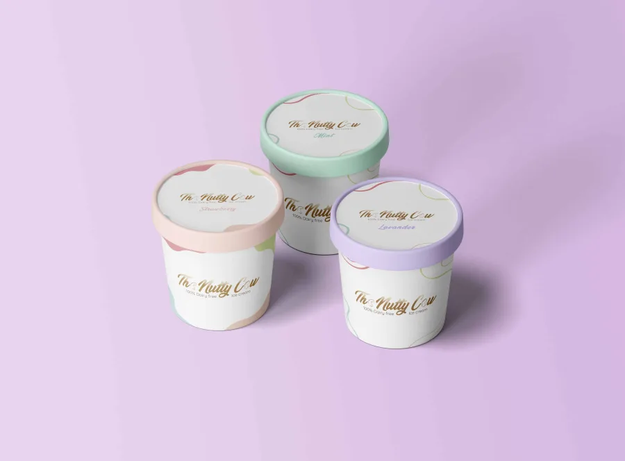 Three The Nutty Cow tubs with peach, mint and lilac lids: strawberry, mint and lavender