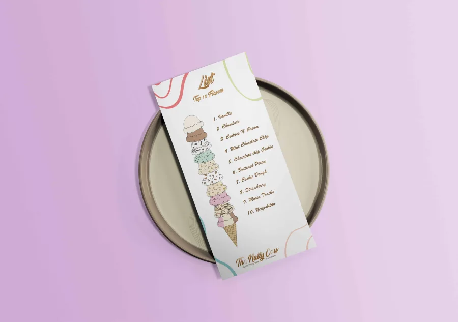 The Nutty Cow Top 10 Flavors menu with a drawing of a cone of ten scoops