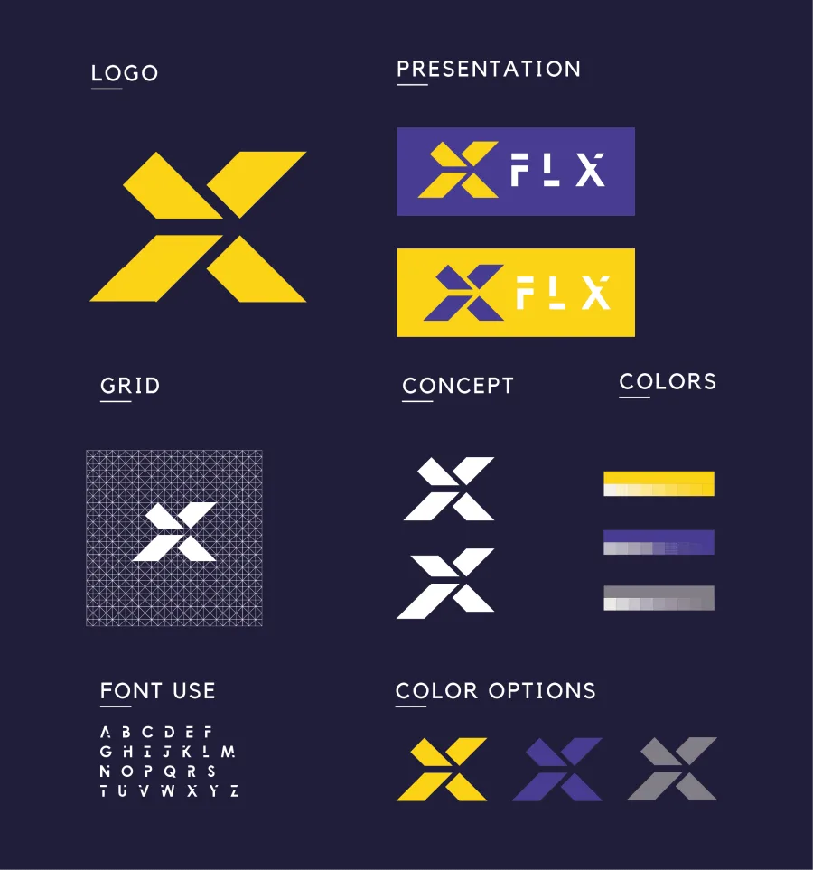 The FLX logo sheet: the X mark, the wordmark, the grid, the colours, the typeface and the colour options
