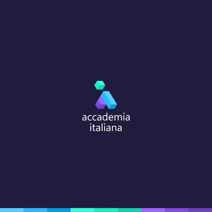 Логото на Accademia Italiana: буквата A от обемни блокове под тюркоазен куб