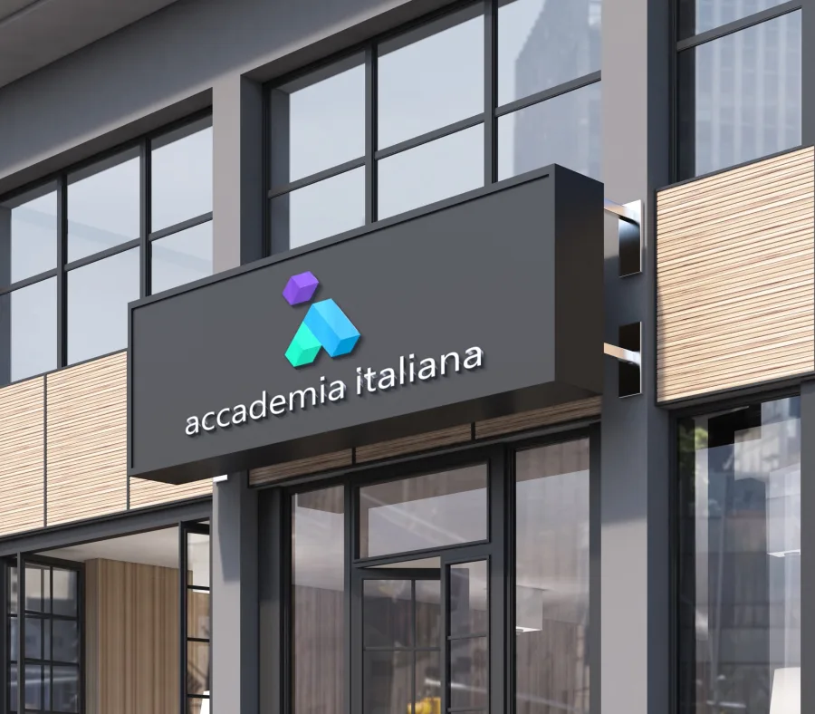 A shop-front sign with the block version of the Accademia Italiana logo