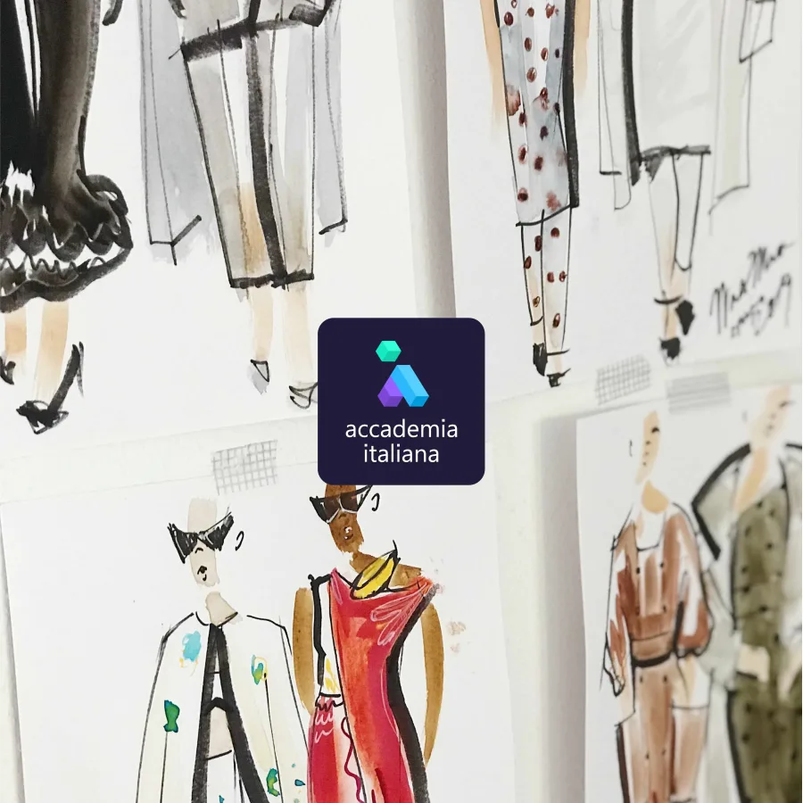 The Accademia Italiana logo over a wall of fashion sketches