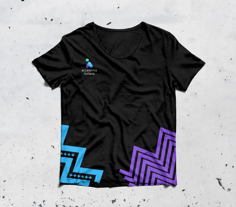 A black T-shirt with the Accademia Italiana logo and blue and purple zigzags