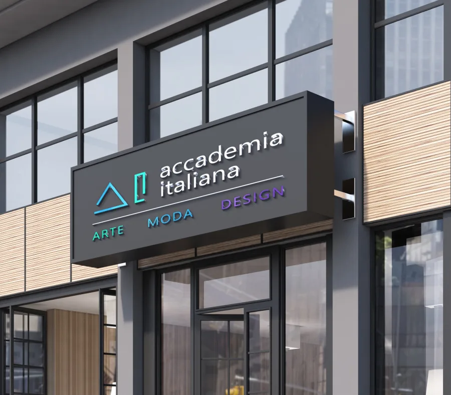 A shop-front sign with the line version of the Accademia Italiana logo and the words ARTE · MODA · DESIGN