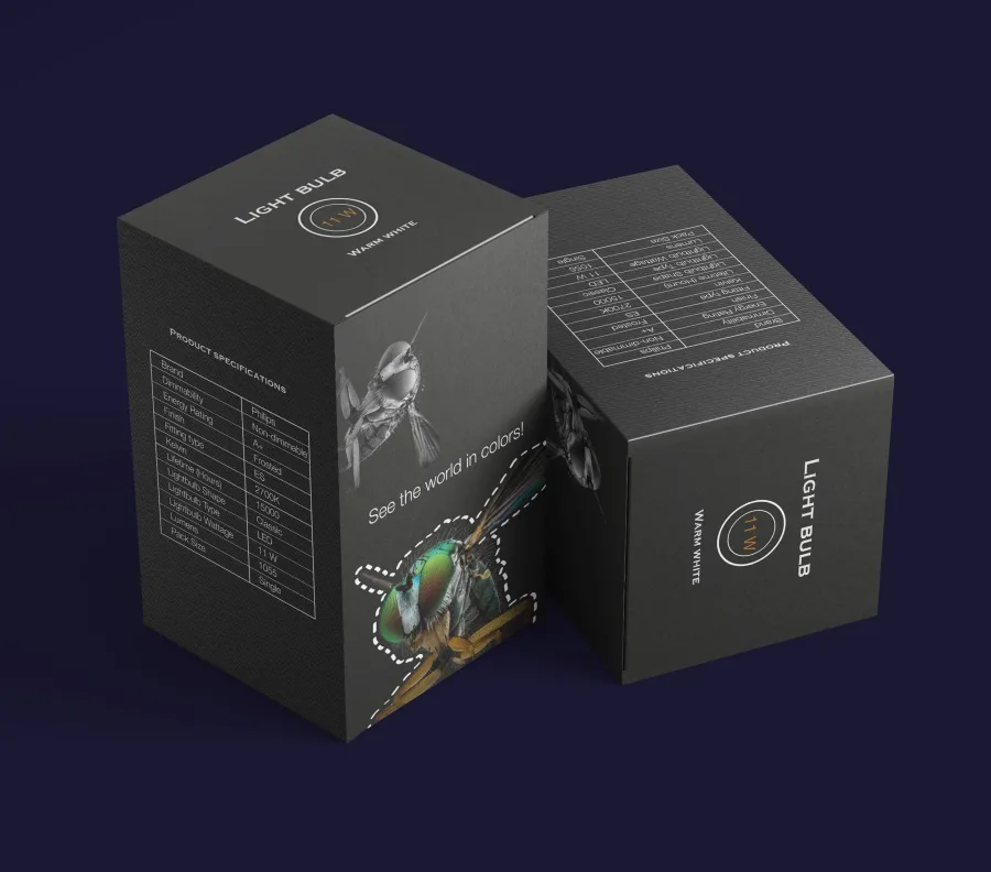 Two black boxes for the 11 W bulb, with the specification table on the side