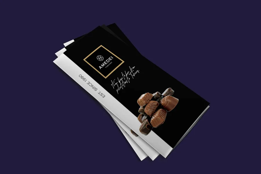 The cover of the Amedei tri-fold brochure