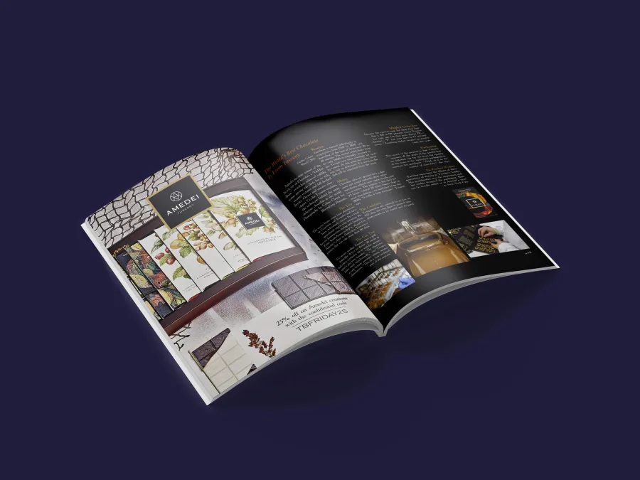 A spread from the multi-page brochure with an advertisement for Amedei chocolate bars