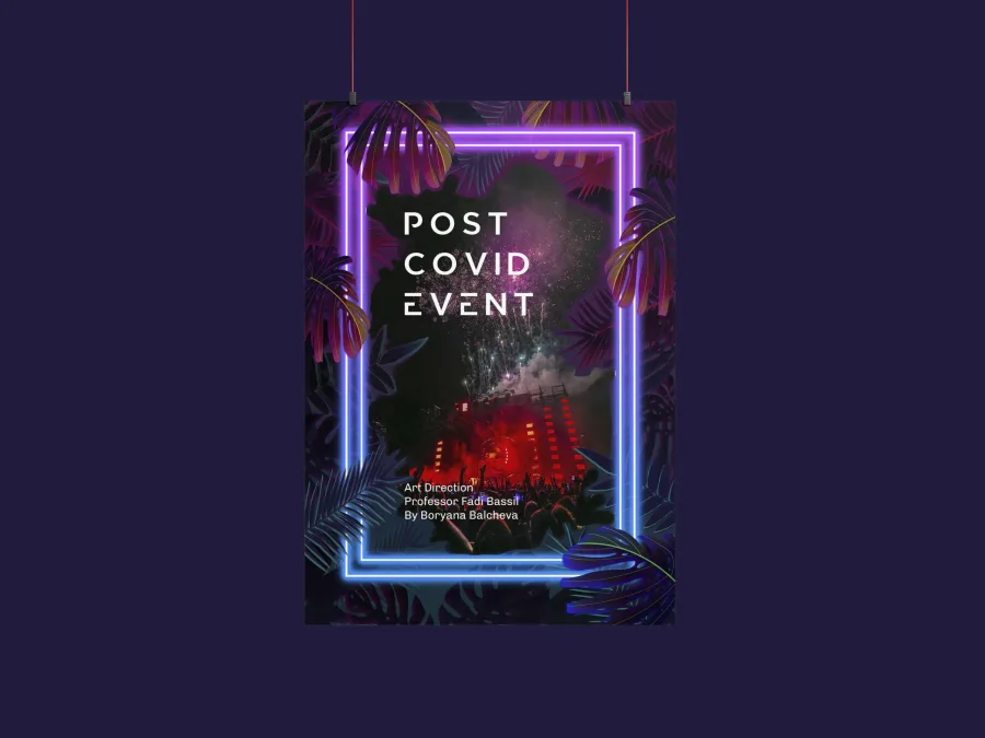 Плакатът Post Covid Event: неонова рамка, тропически листа и сцена под фойерверки