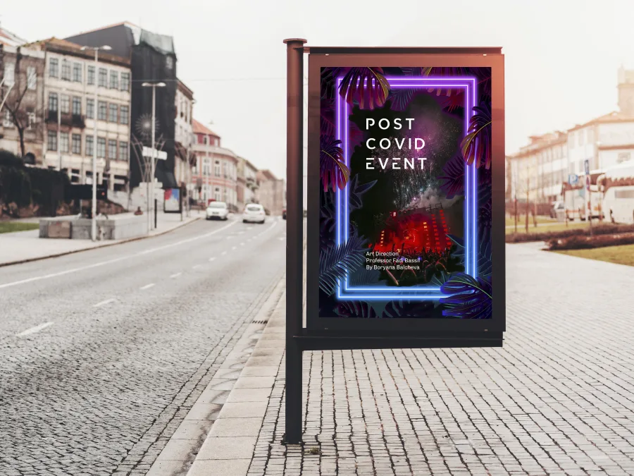 Плакатът Post Covid Event на улична рекламна стойка