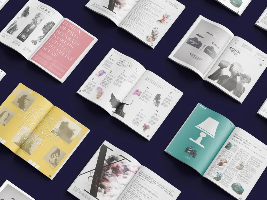 Spreads from Sophyne: the contents, double-exposure tips and an interview