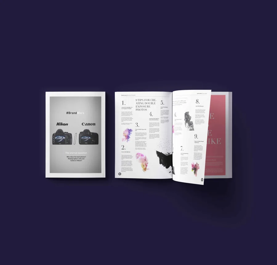 An advertising page and the spread with nine double-exposure tips