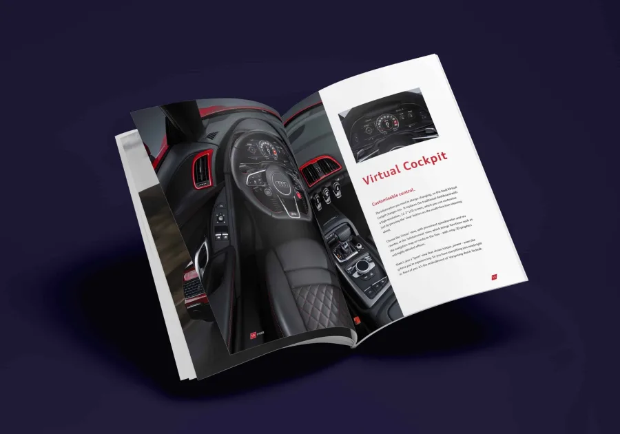 The Virtual Cockpit spread: a cabin photograph and a red heading