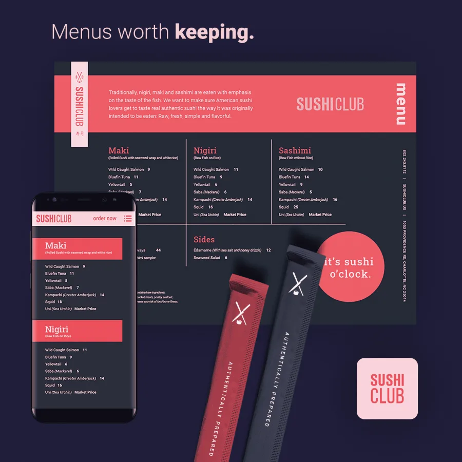 Менюто на Sushi Club — печатно и на телефон — с опаковки за клечки и иконка на приложение