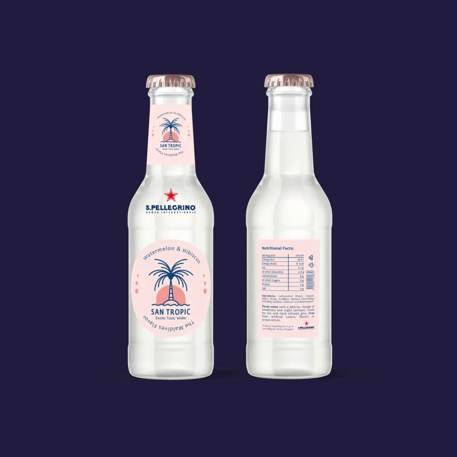 Бутилка San Tropic с вкус диня и хибискус (Малдиви): преден и заден етикет