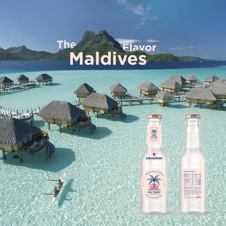 Advertising visual for the Maldives flavour: the bottles in front of overwater bungalows