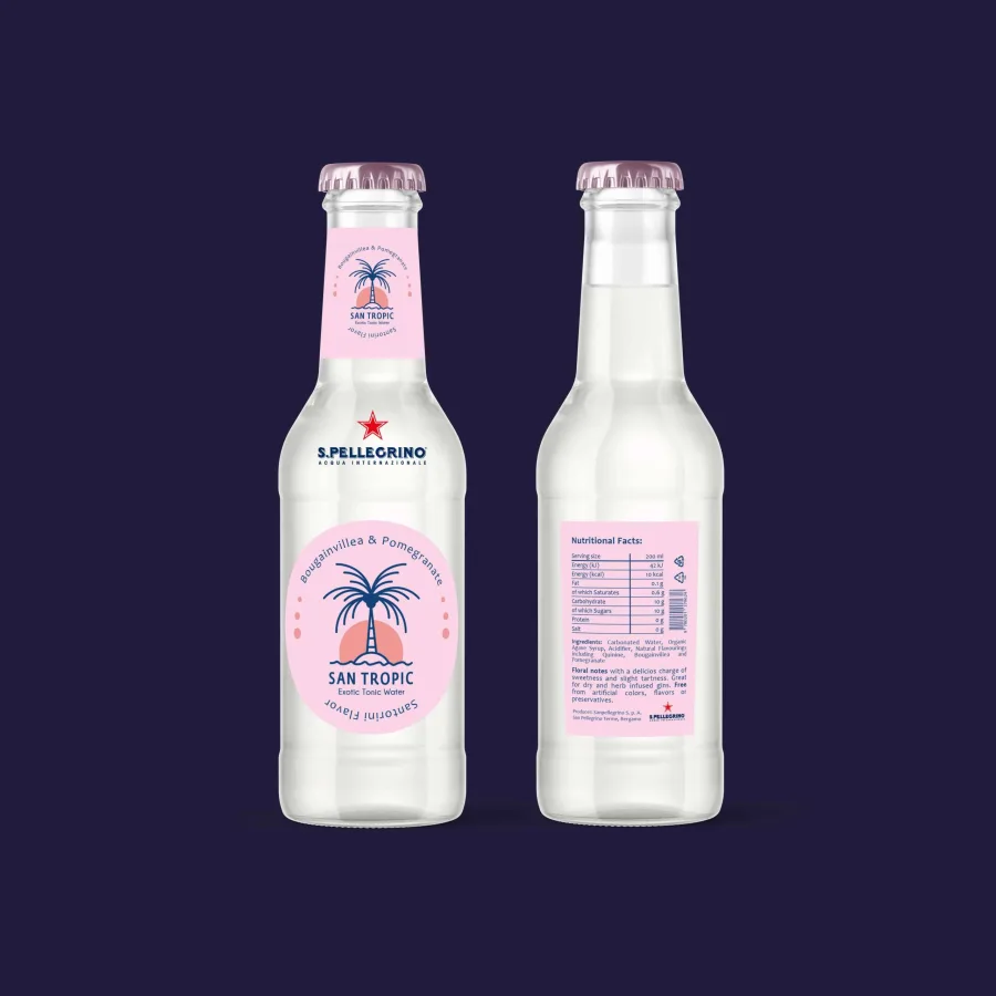 A San Tropic bottle in bougainvillea and pomegranate, the Santorini flavour: front and back labels