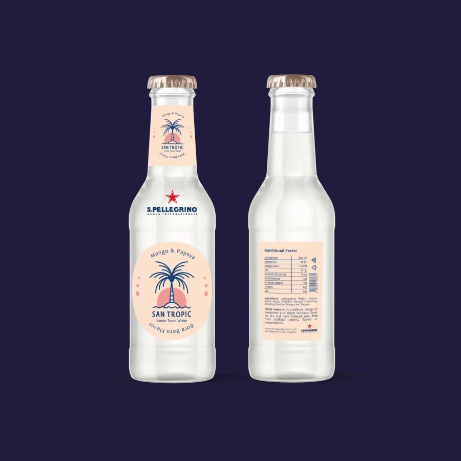 A San Tropic bottle in mango and papaya, the Bora Bora flavour: front and back labels