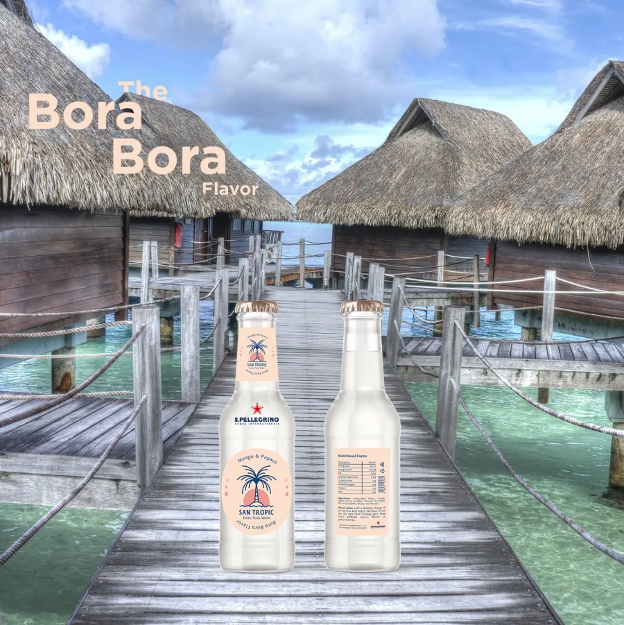 Advertising visual for the Bora Bora flavour: the bottles on a boardwalk between bungalows