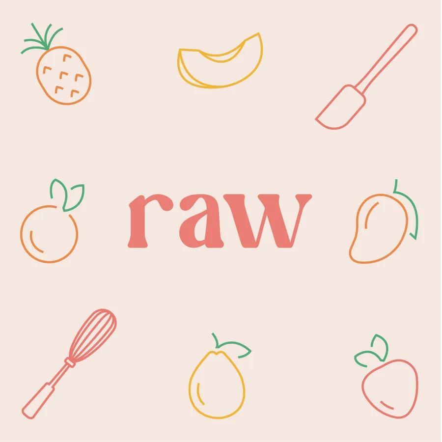 The Raw logo in coral among colour line icons of fruit and pastry tools