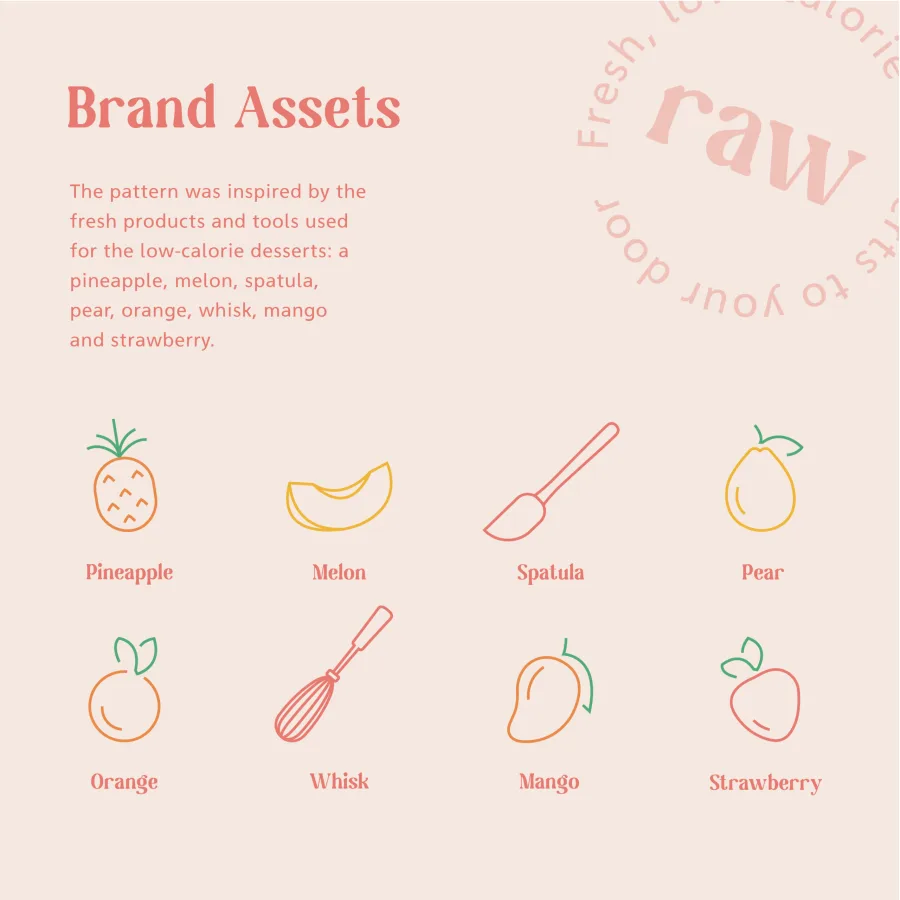 Eight brand line icons: pineapple, melon, spatula, pear, orange, whisk, mango and strawberry