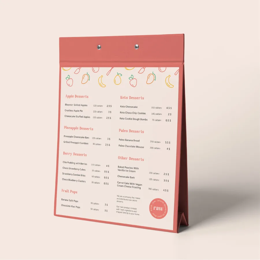 A table-top menu of Raw’s low-calorie desserts