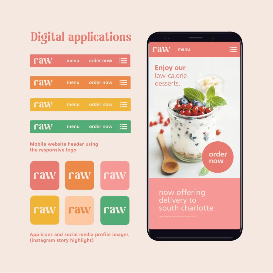 Digital applications: the logo in a mobile site header, app icons and a home screen