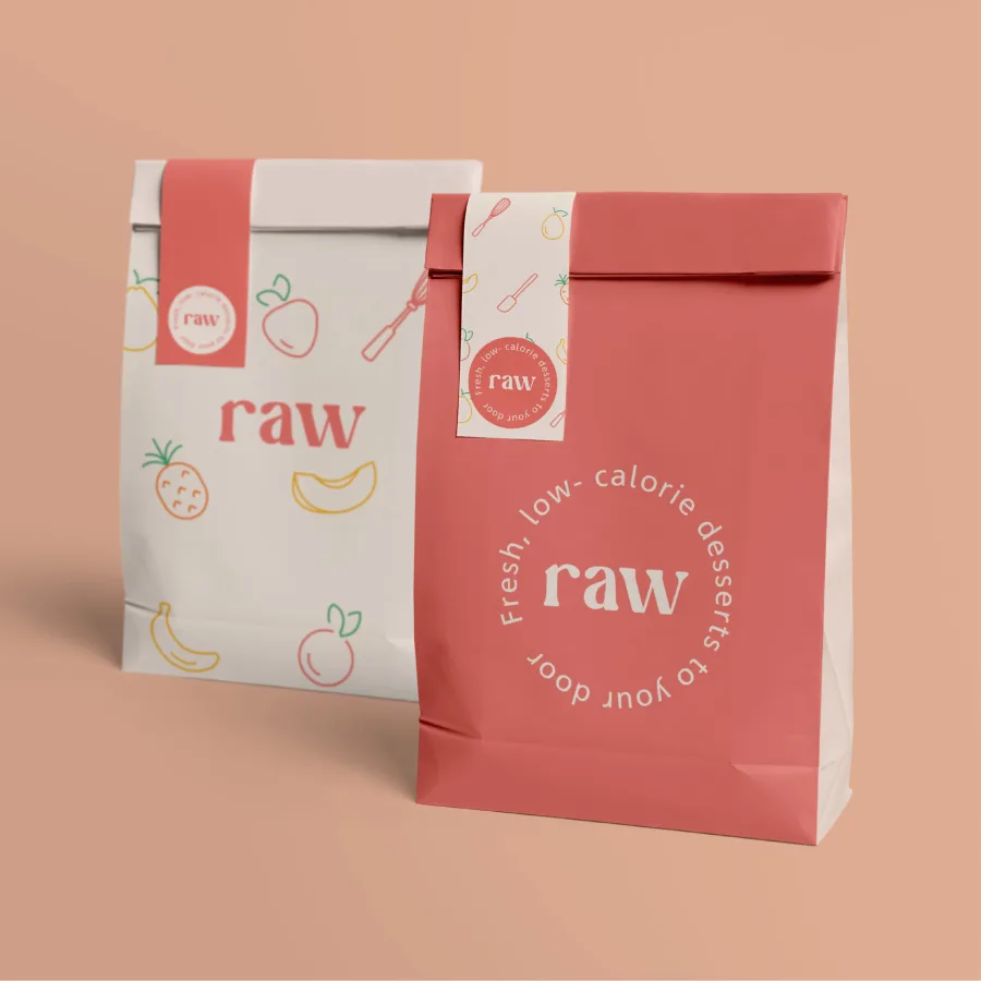 Paper bags with the Raw logo, pattern and round badge