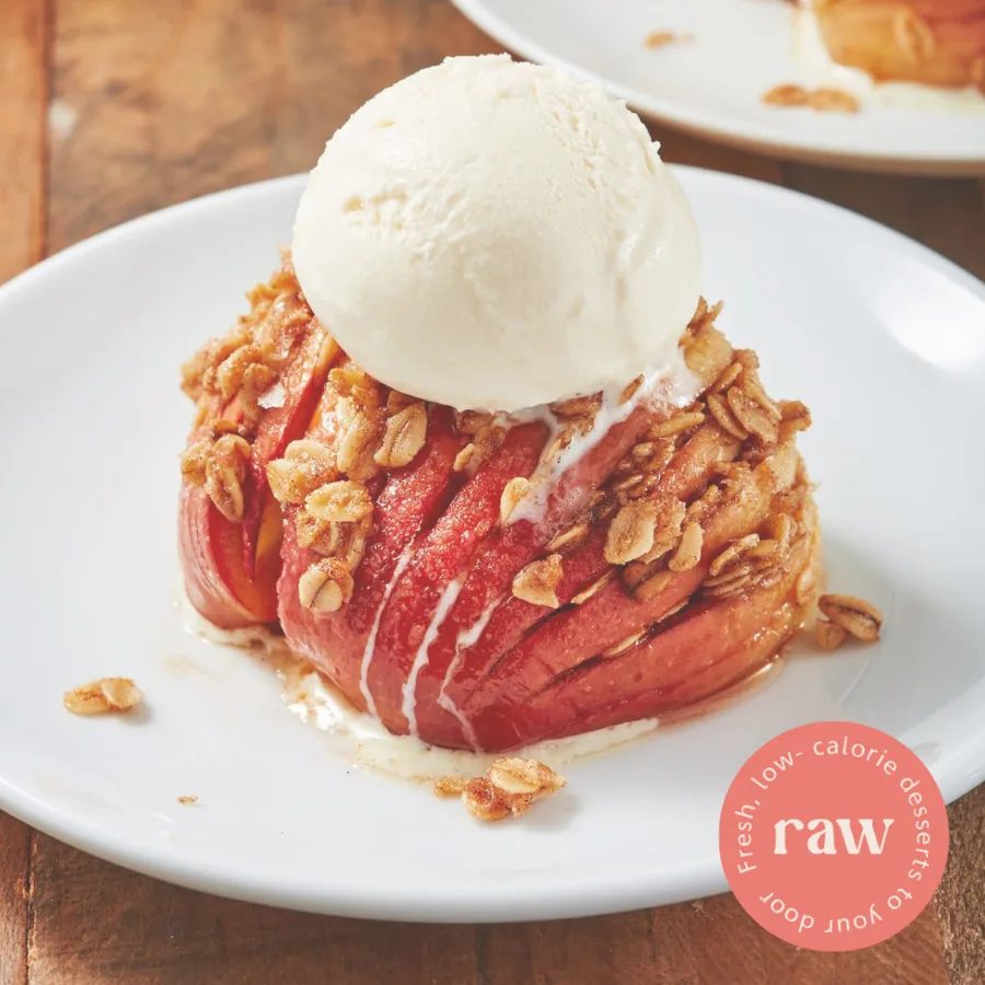 A baked apple with ice cream and the Raw round badge