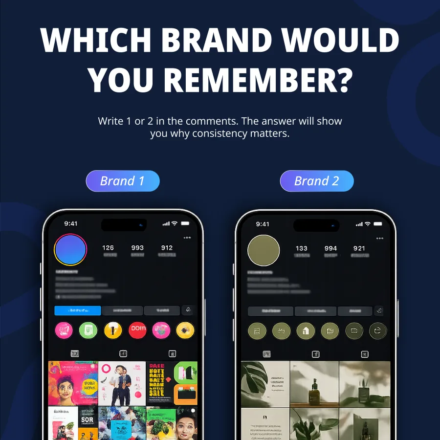 Въпросът „Which brand would you remember?“ над два Instagram профила: пъстър и разнороден срещу подреден в едни и същи тонове
