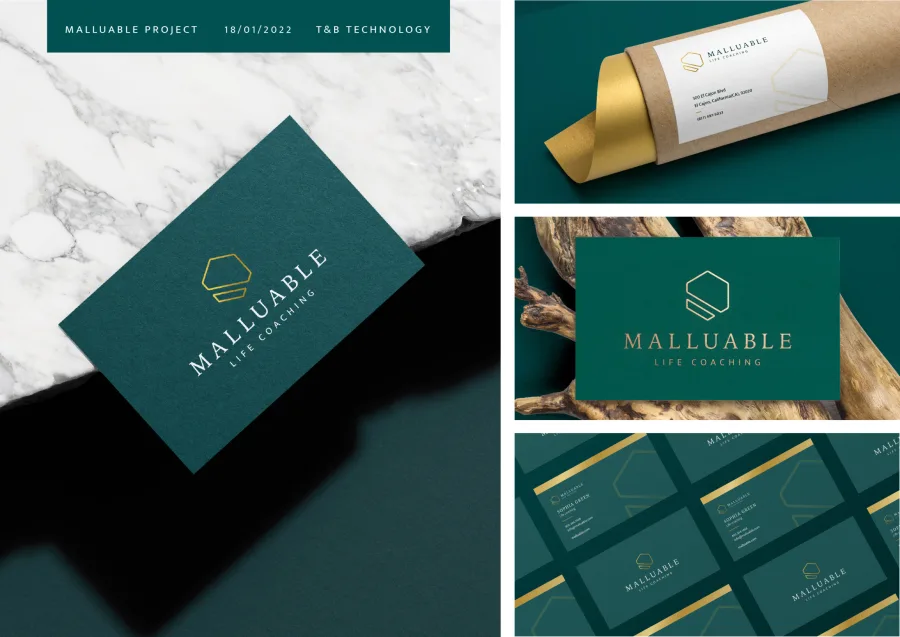 The Malluable presentation: business cards, the tube label and the logo
