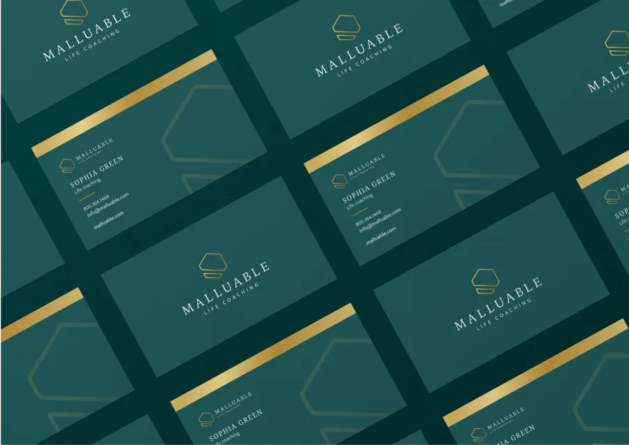 Malluable business cards, front and back with a gold band
