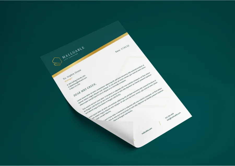 The Malluable letterhead with a dark green header and a gold line