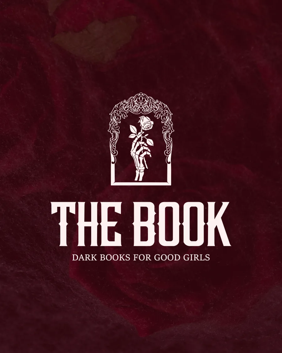 The Book logo on a dark red background