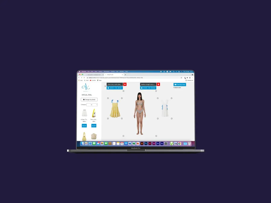 The virtual fitting room on a laptop: the shopper's photo and the dresses to try on
