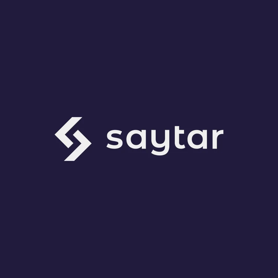 The Saytar logo in white on navy