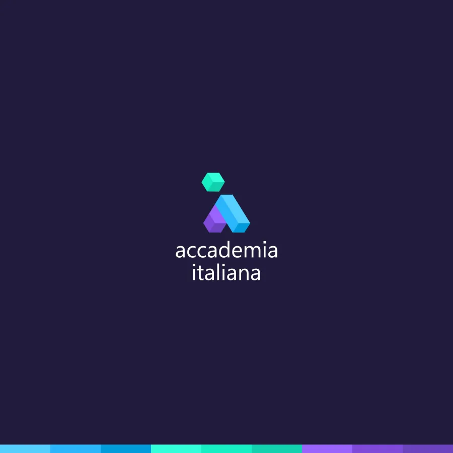The Accademia Italiana logo on a dark background with a coloured strip