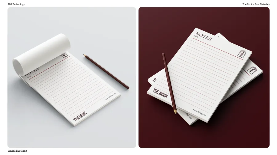 The Book: a branded notepad in the brand's colours and type