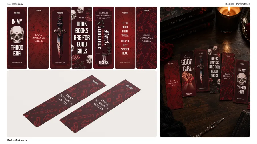 The Book: custom bookmarks in several designs with the brand's motifs